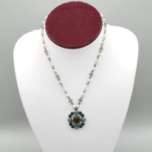 Delicate Beaded Necklace Faceted Cabochon Center Silver Tone Lobster Clasp 16 in